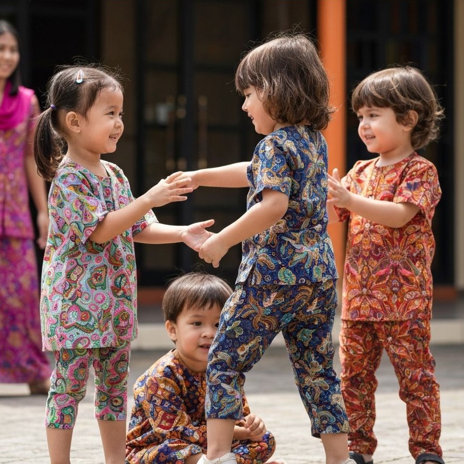 Children in matching batik outfits